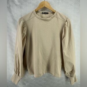 Zara Taupe Long Puff Sleeve Blouse Size Small